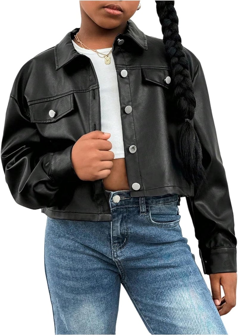 BEAUDRM Store Girl's PU Leather Cropped Jacket Button Down Long Sleeve Outerwear Streetwear - Image 1